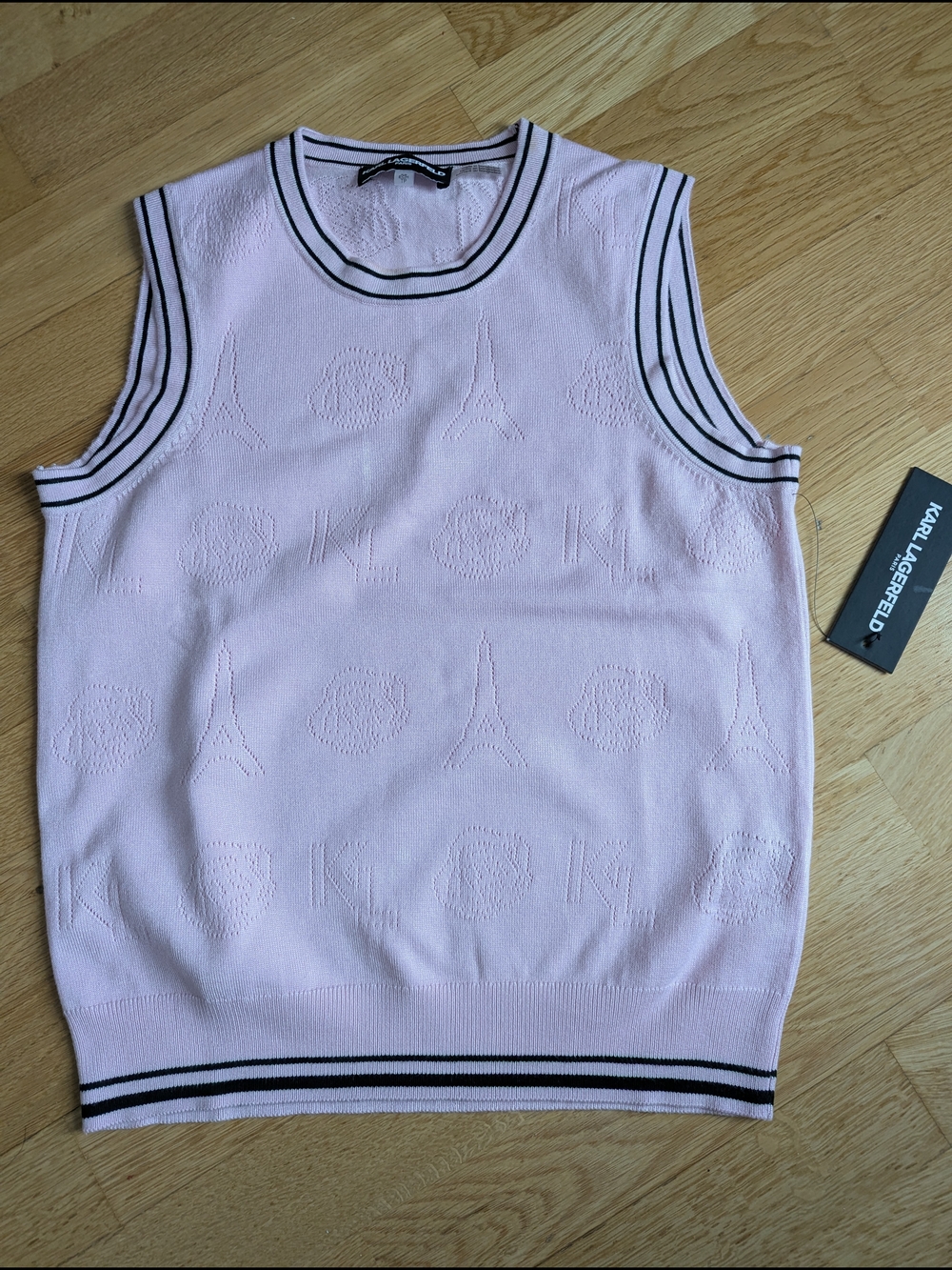 Karl Lagerfeld Pale Pink Sleeveless Crewneck Sweater Vest with Black Trim